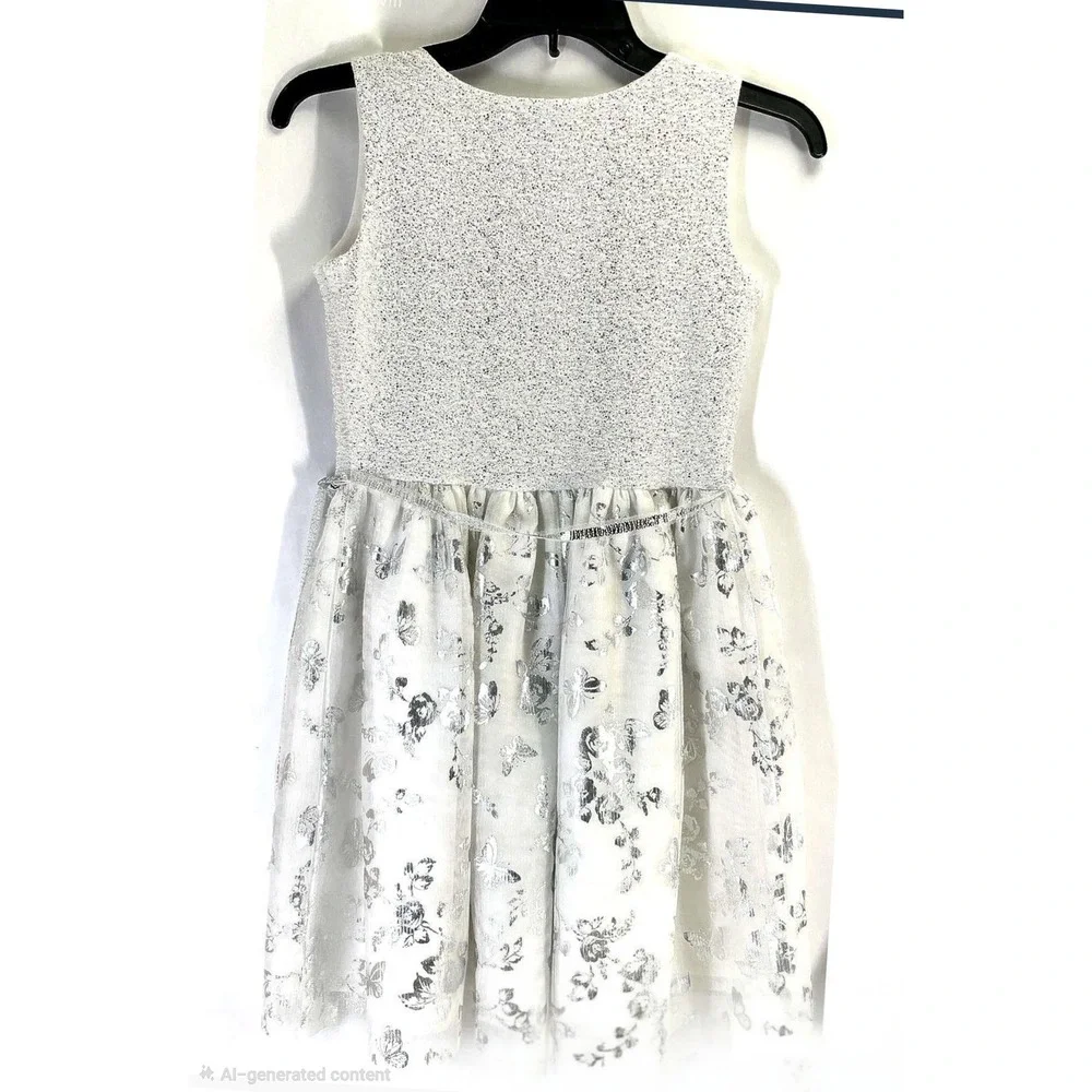 THE CHILDREN'S PLACE Girls Sleeveless Silver Floral Party Dress Size 10/12 Large